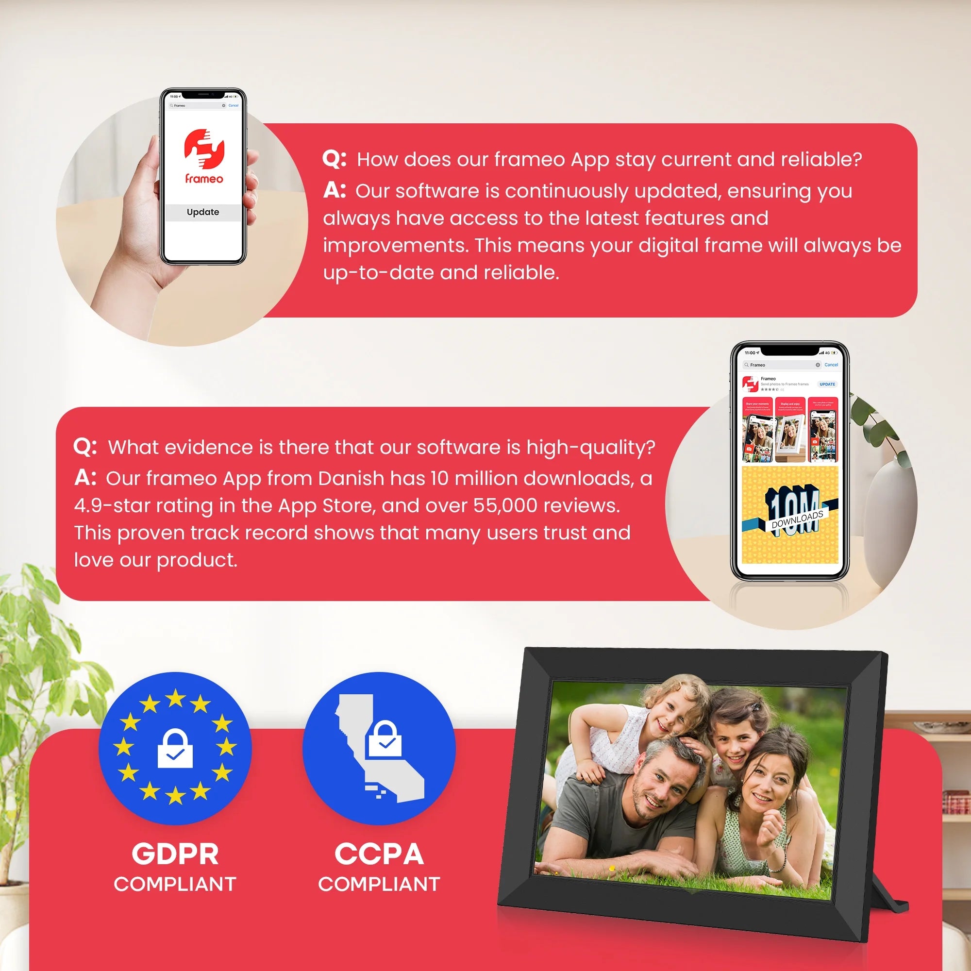 Frameo 10.1 Inch Wifi Digital Picture Frame, Electronic Picture Frame with IPS Touch Screen, 32GB Storage, Auto-Rotate, Wall Mountable, Ideal Gift Selection!