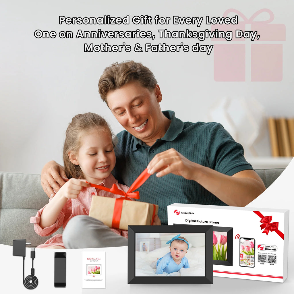 Frameo 10.1 Inch Wifi Digital Picture Frame, Electronic Picture Frame with IPS Touch Screen, 32GB Storage, Auto-Rotate, Wall Mountable, Ideal Gift Selection!