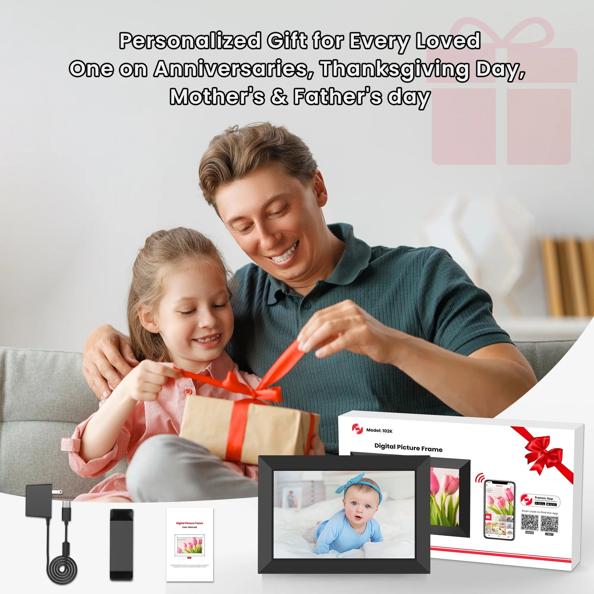 Frameo 10.1 Inch Wifi Digital Picture Frame, Electronic Picture Frame with IPS Touch Screen, 32GB Storage, Auto-Rotate, Wall Mountable, Ideal Gift Selection!