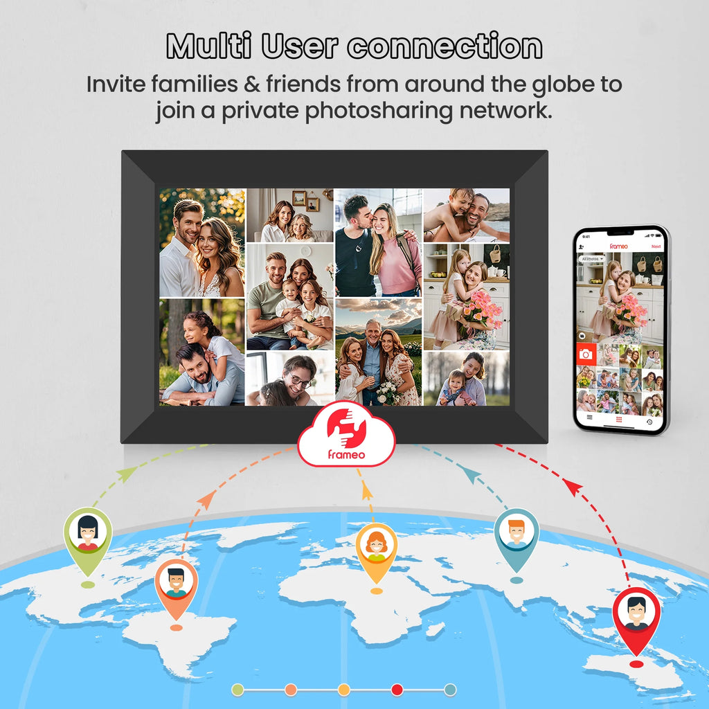 Frameo 10.1 Inch Wifi Digital Picture Frame, Electronic Picture Frame with IPS Touch Screen, 32GB Storage, Auto-Rotate, Wall Mountable, Ideal Gift Selection!