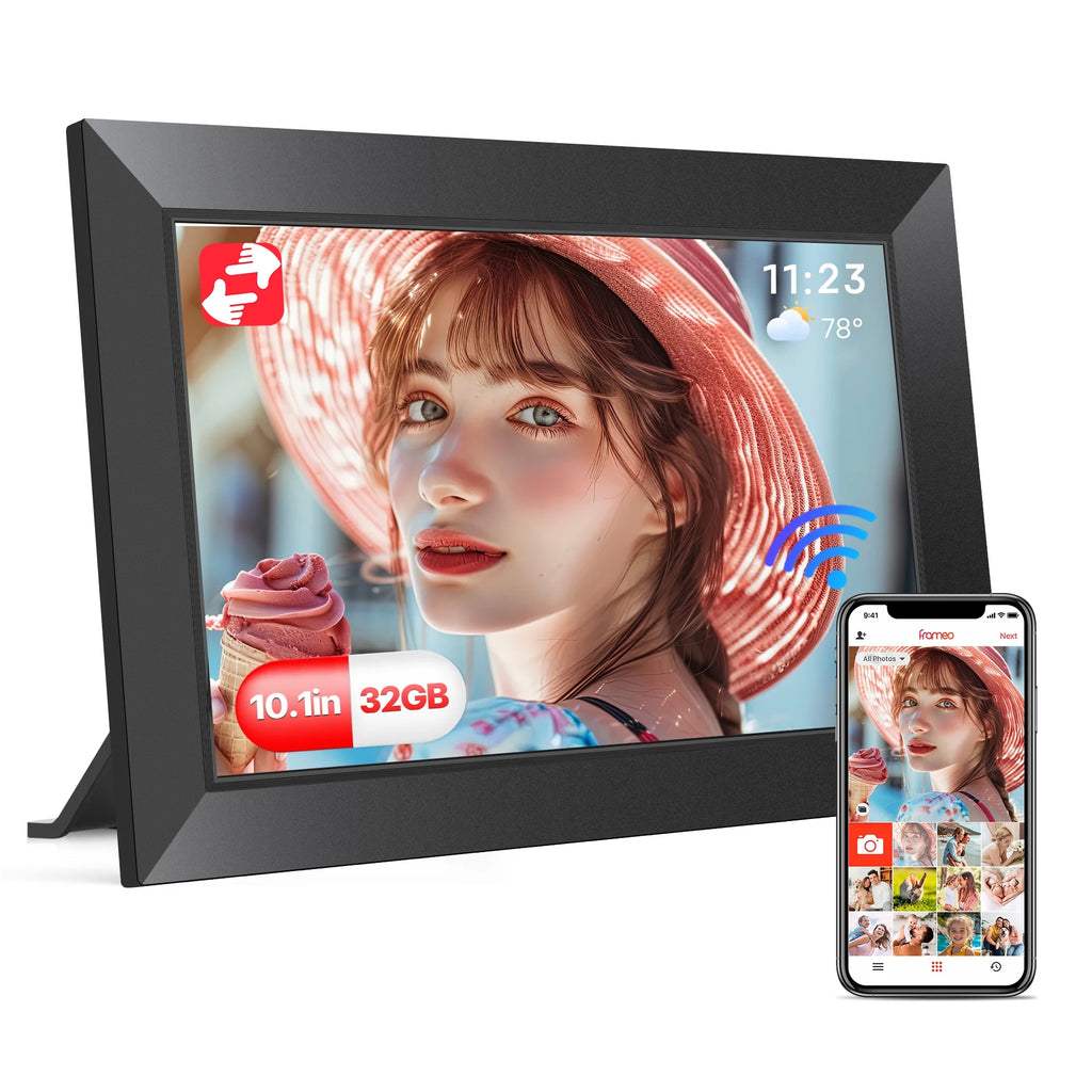 Frameo 10.1 Inch Wifi Digital Picture Frame, Electronic Picture Frame with IPS Touch Screen, 32GB Storage, Auto-Rotate, Wall Mountable, Ideal Gift Selection!